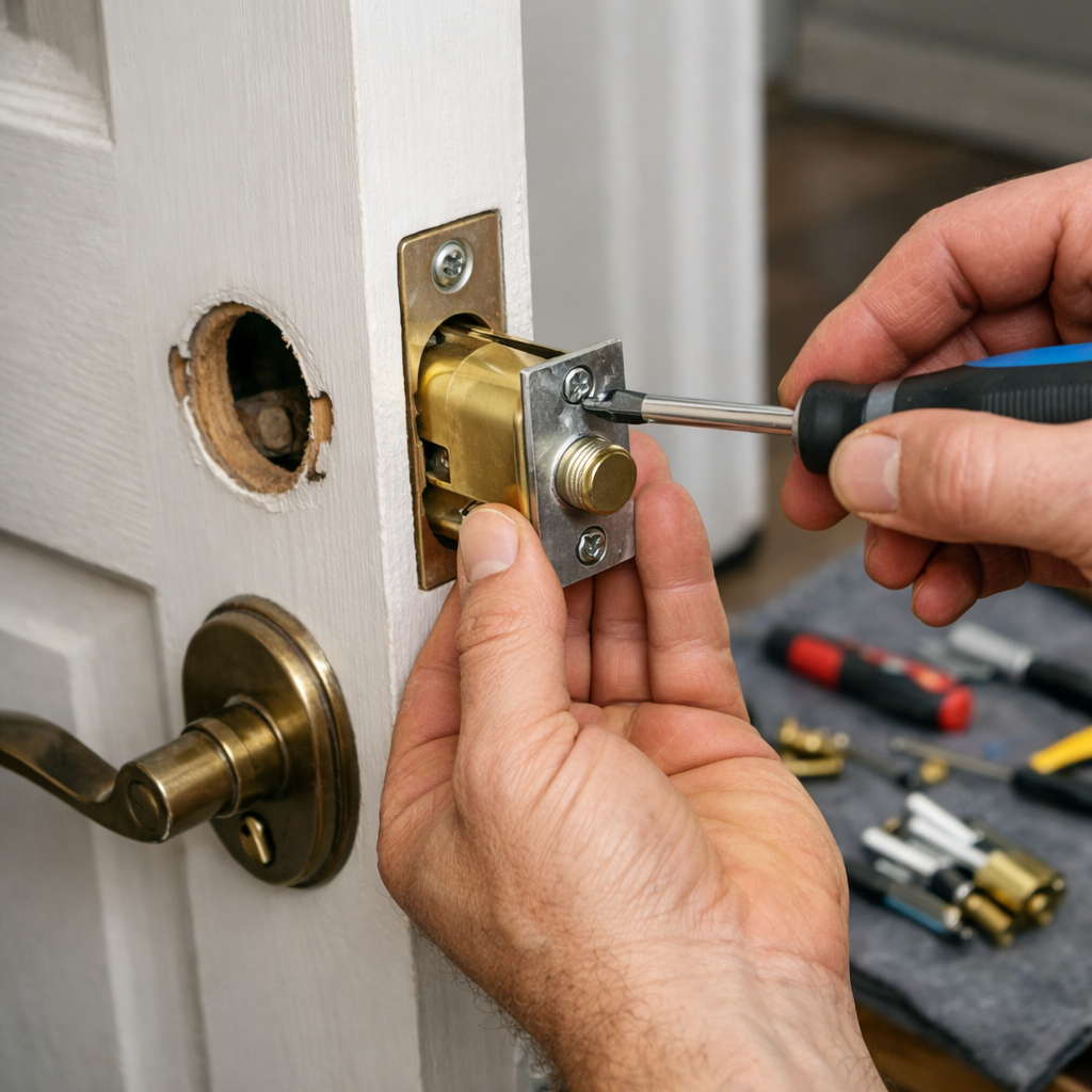 Une main remplace une serrure de porte en laiton avec un tournevis, des ferrures de porte et des outils à proximité.