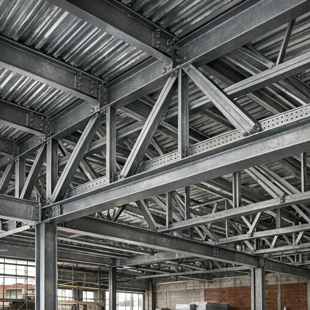 Intérieur d'un bâtiment en acier avec charpente métallique apparente et toiture en tôle ondulée en construction