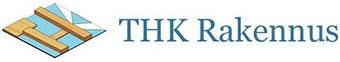 THK Rakennus -logo tyylitellyll&auml; siniruskealla kattokuvakkeella ja sinivihre&auml;ll&auml; tekstill&auml;