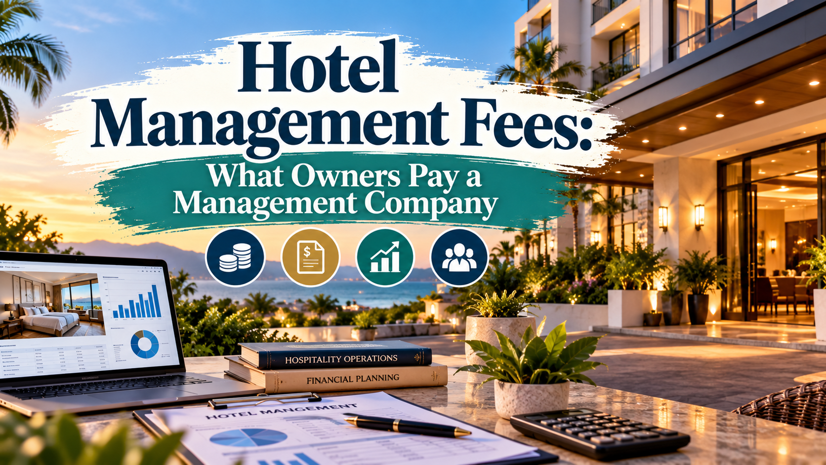 Hotel management fees headline over a luxury resort desk with laptop, calculator, and charts