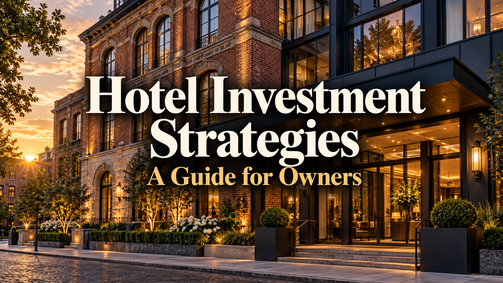 Hotel exterior at sunset with text overlay: “Hotel Investment Strategies: A Guide for Owners”