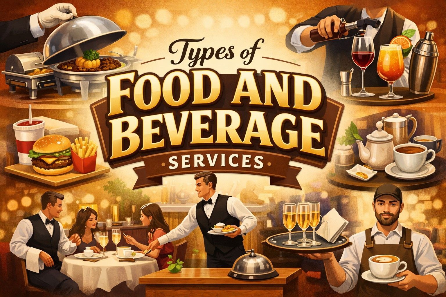 Collage showing various food and beverage service types: waiters, food, drinks, service styles.
