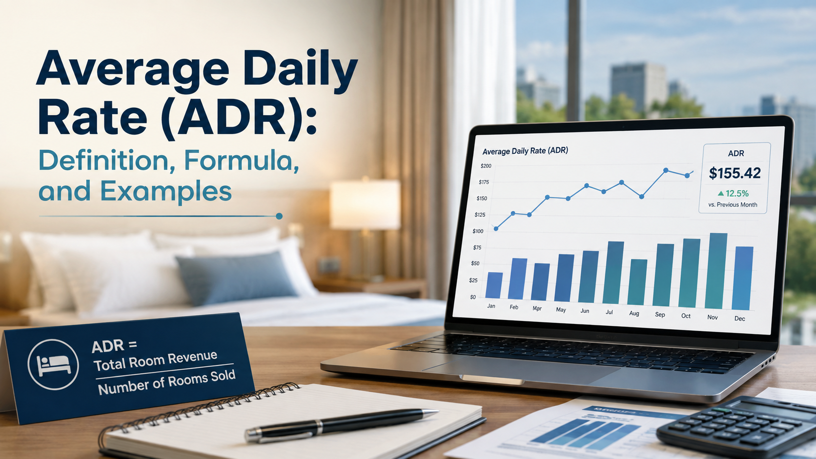 Laptop on desk displaying rising bar chart beside “Average Daily Rate (ADR)” title and formula text