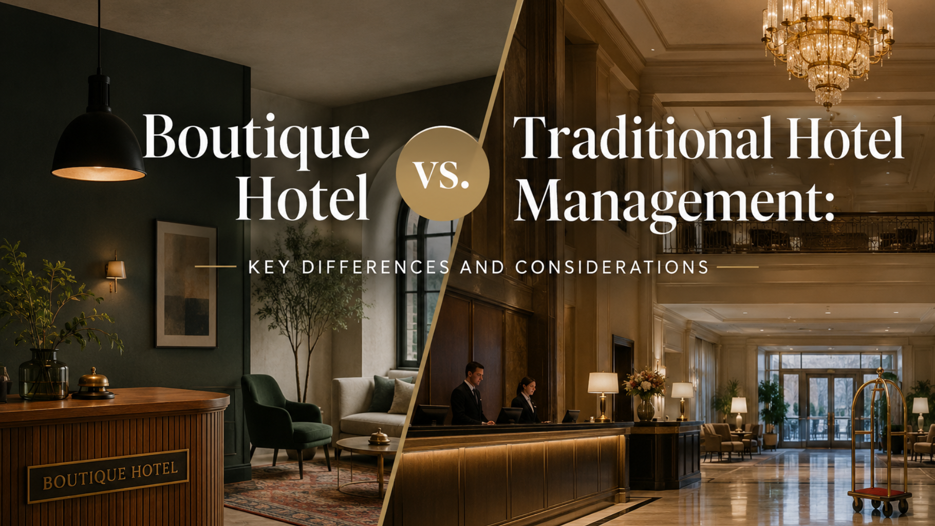 Boutique hotel vs. traditional hotel management in a warm, elegant lobby split-screen comparison