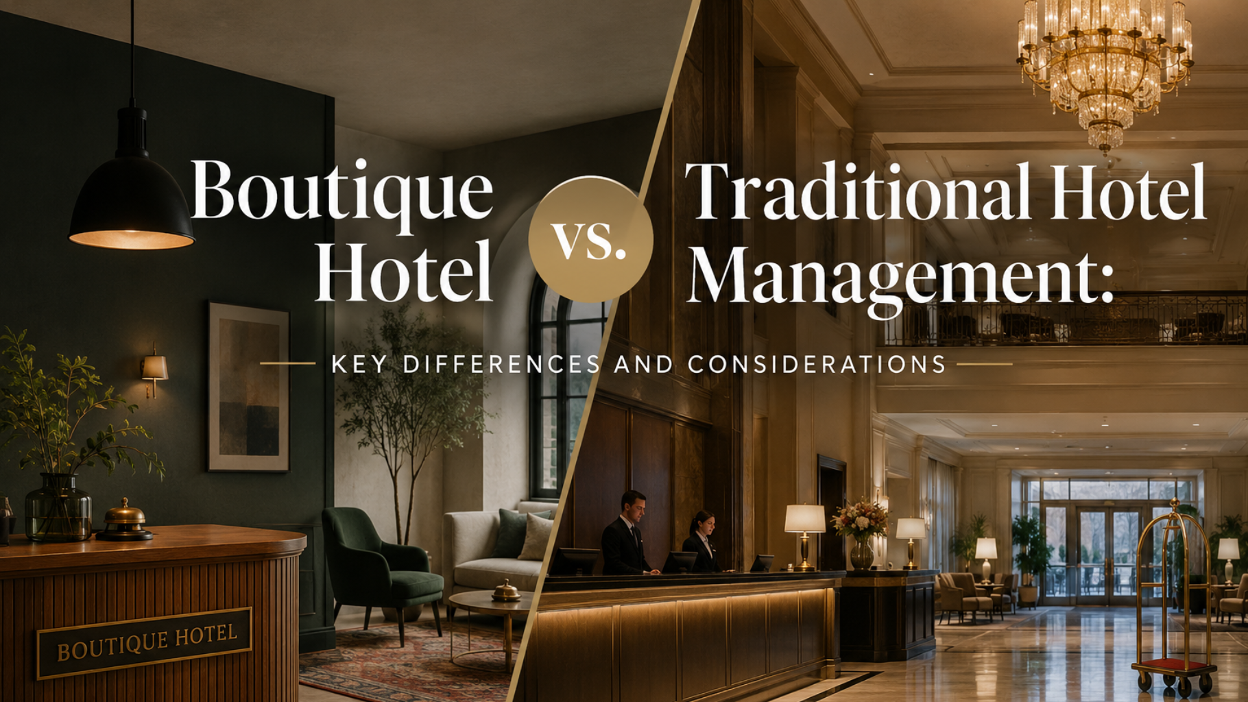 Boutique hotel vs traditional hotel management title slide with split lobby scenes