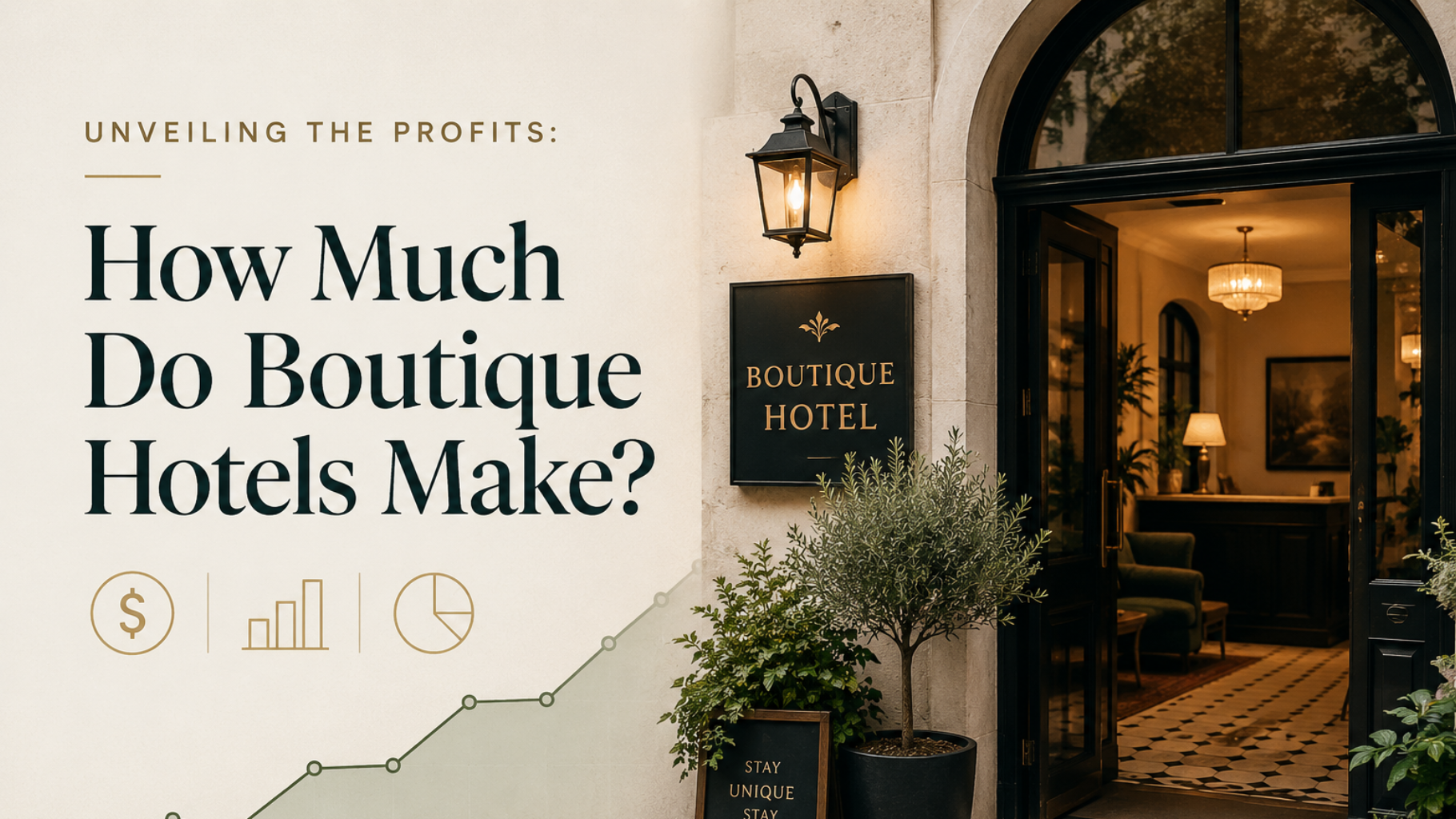 Infographic about boutique hotel profits beside a warmly lit hotel entrance at dusk