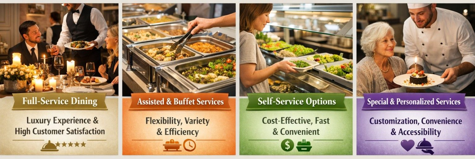 Four food service styles: full-service dining, attended buffet, self-service, and speed/personalized services.