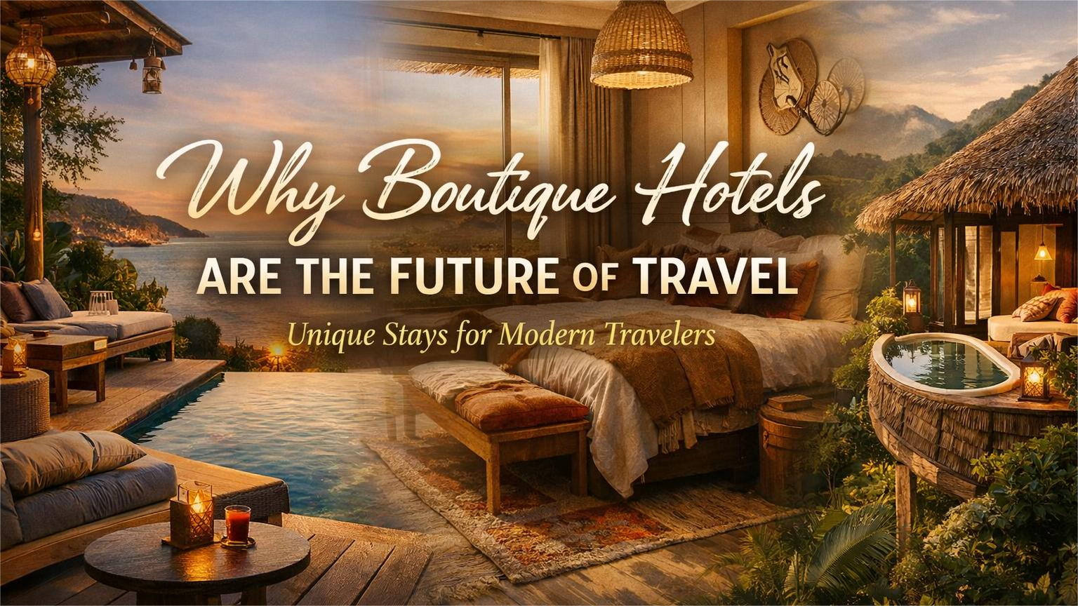 Luxurious boutique hotel room overlooking a scenic landscape at sunset. Text: 
