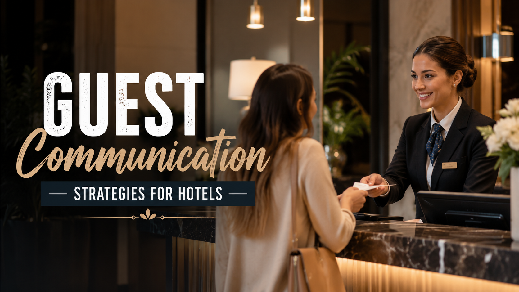Hotel guest communication training cover with receptionist smiling at a front desk and guest in lobby