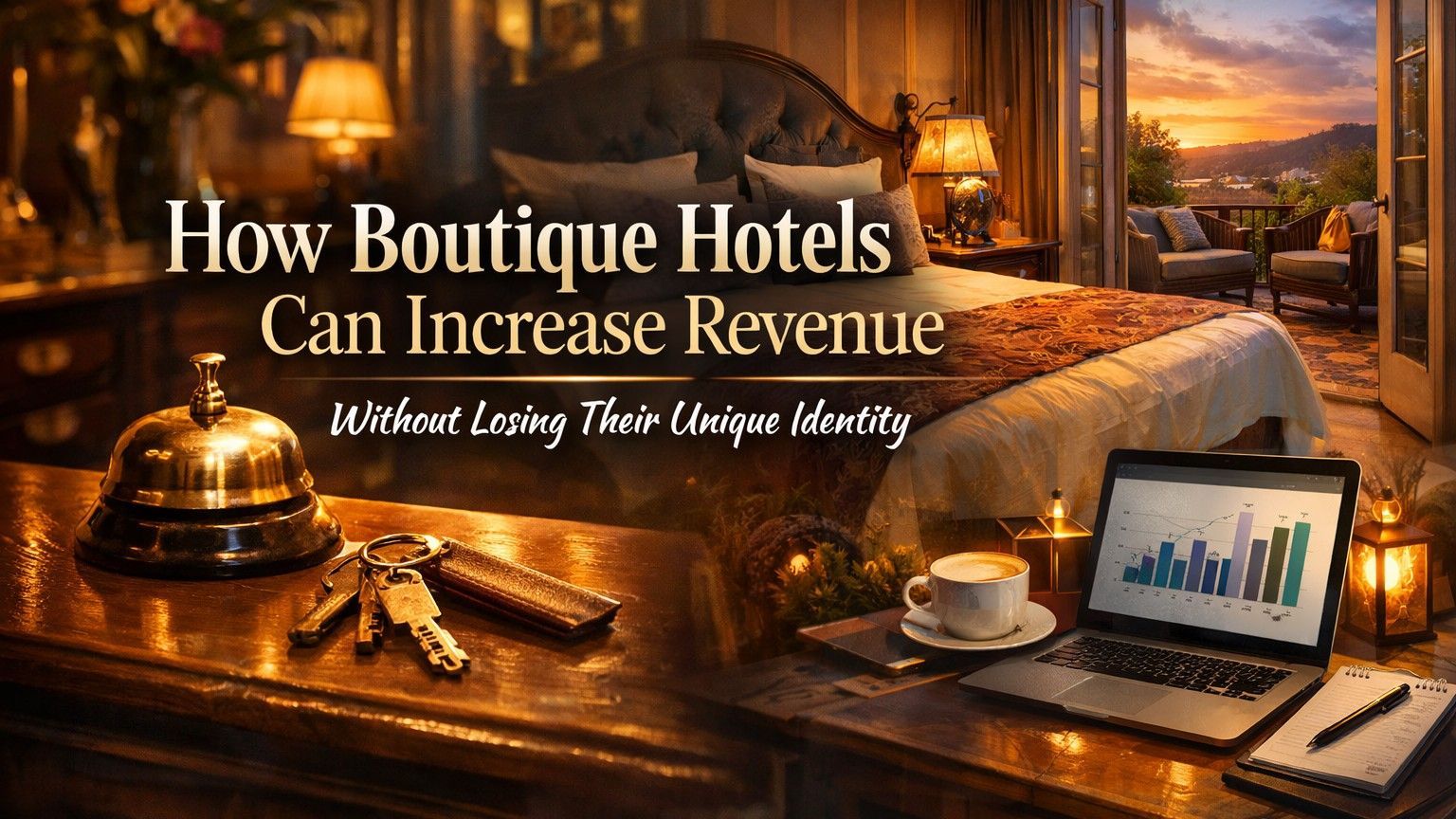 A luxurious hotel room scene with text: 