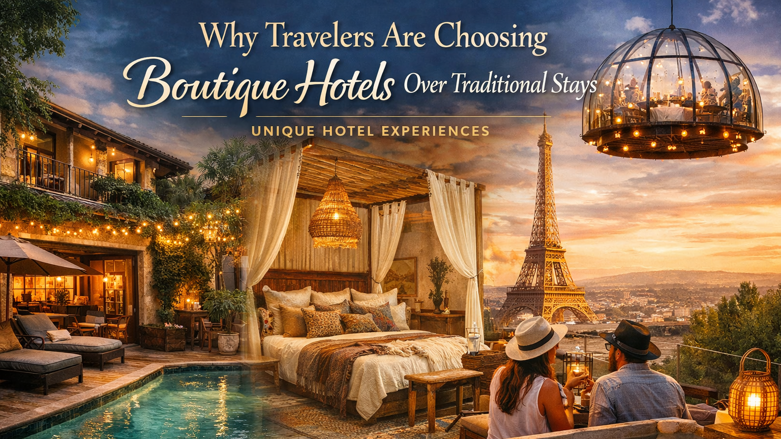 Luxurious boutique hotel scene with pool, Eiffel Tower view, text overlay.