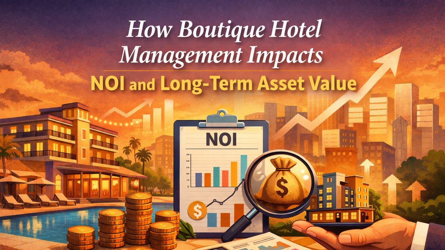 Illustration: A presentation about boutique hotel management's impact on NOI and asset value. Shows a hotel, stacks of coins, and a rising graph.