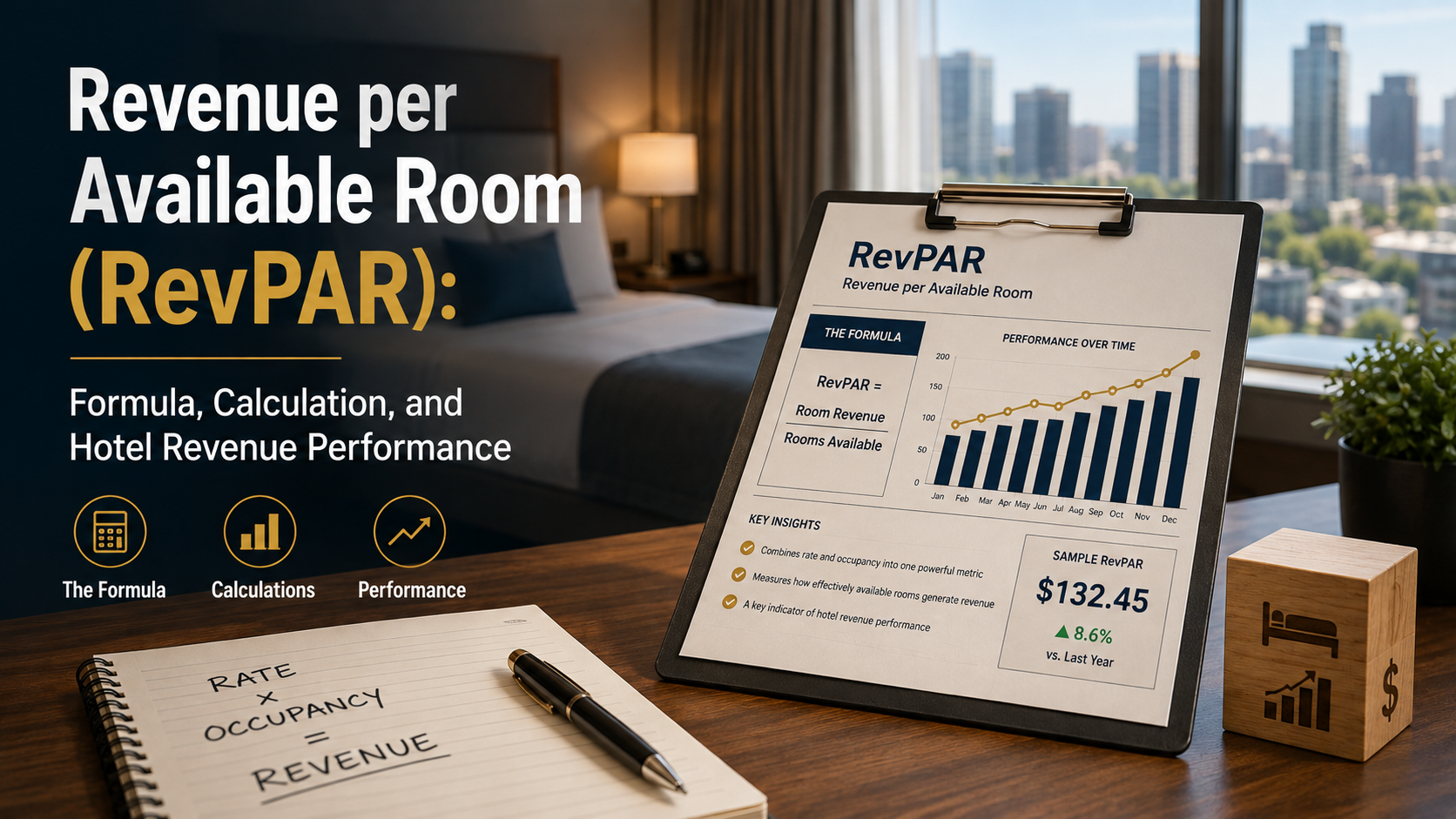 RevPAR report dashboard beside notepad and pen, with city skyline and hotel analytics text on a desk