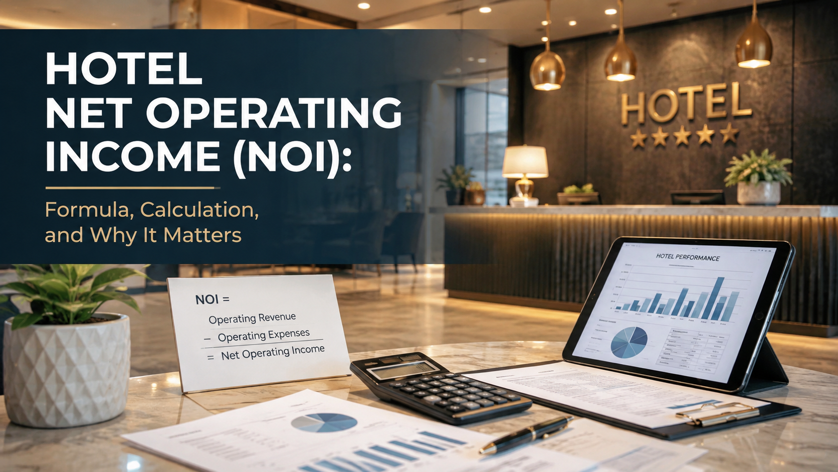 Hotel lobby desk with laptop charts and text about net operating income (NOI) and hotel finance analysis