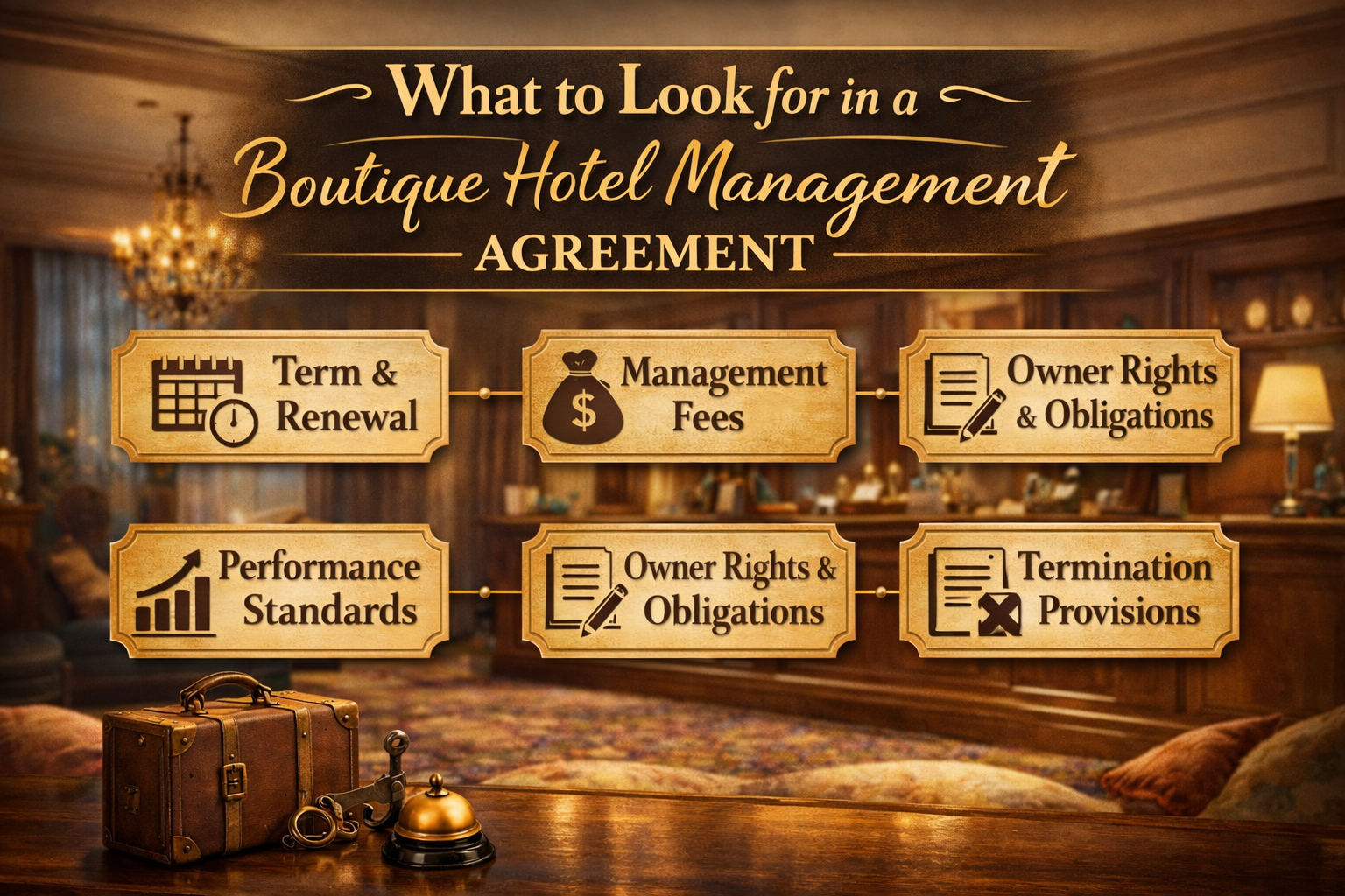 Infographic: Guide to boutique hotel management agreements, showing key considerations like fees and termination.