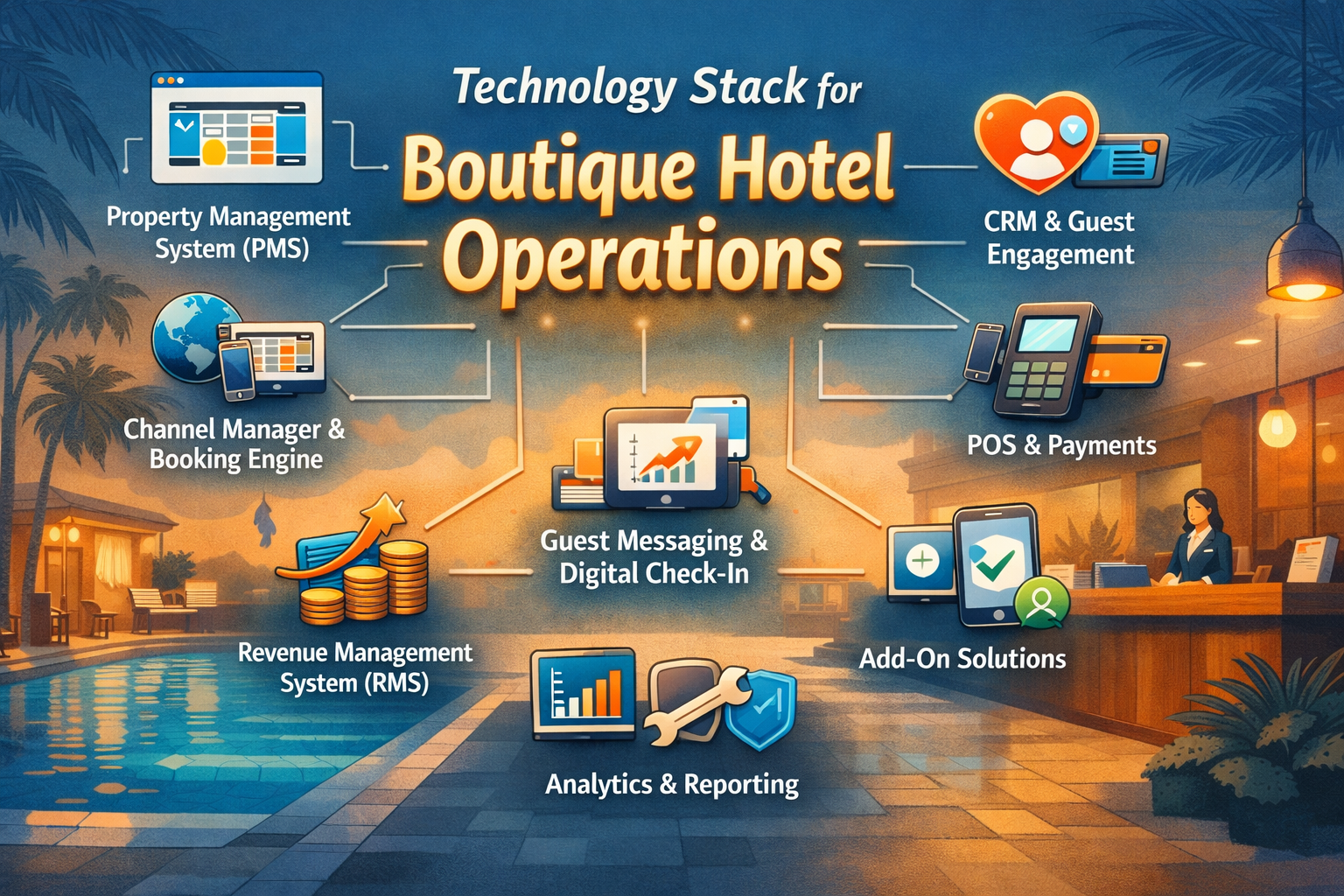 Technology stack diagram for boutique hotel operations with various software icons.