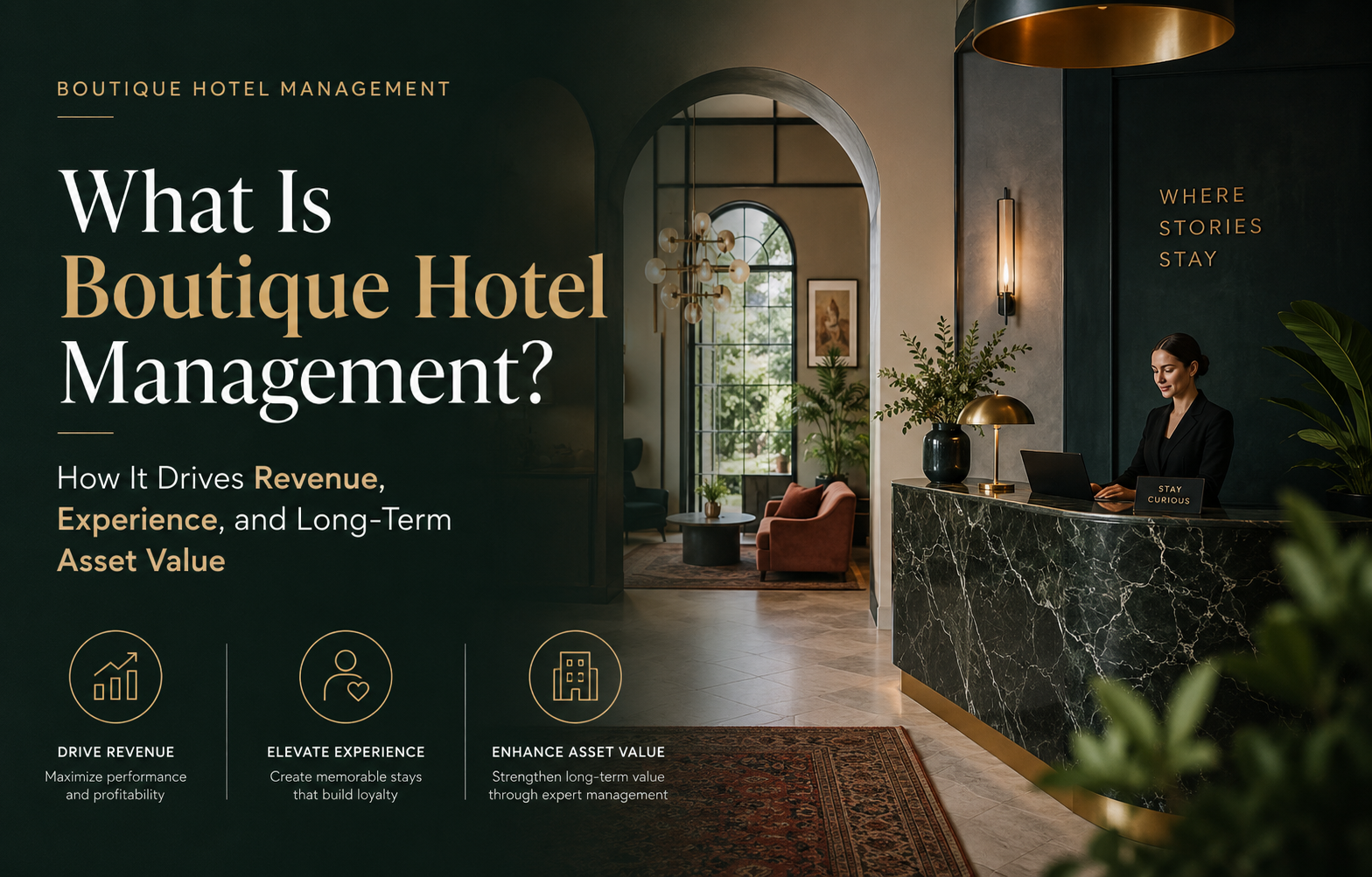 Boutique hotel lobby with receptionist and large text reading “What Is Boutique Hotel Management?”