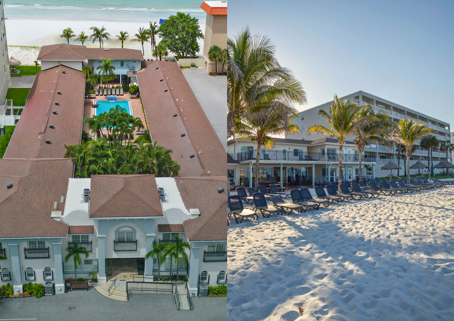 Beachfront resort with a central courtyard, pool, palm trees, and white buildings beside the sand