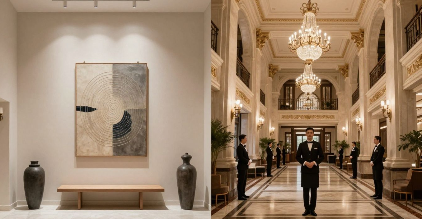 Elegant hotel lobby with chandeliers, marble floors, artwork, and a person walking through the hallway