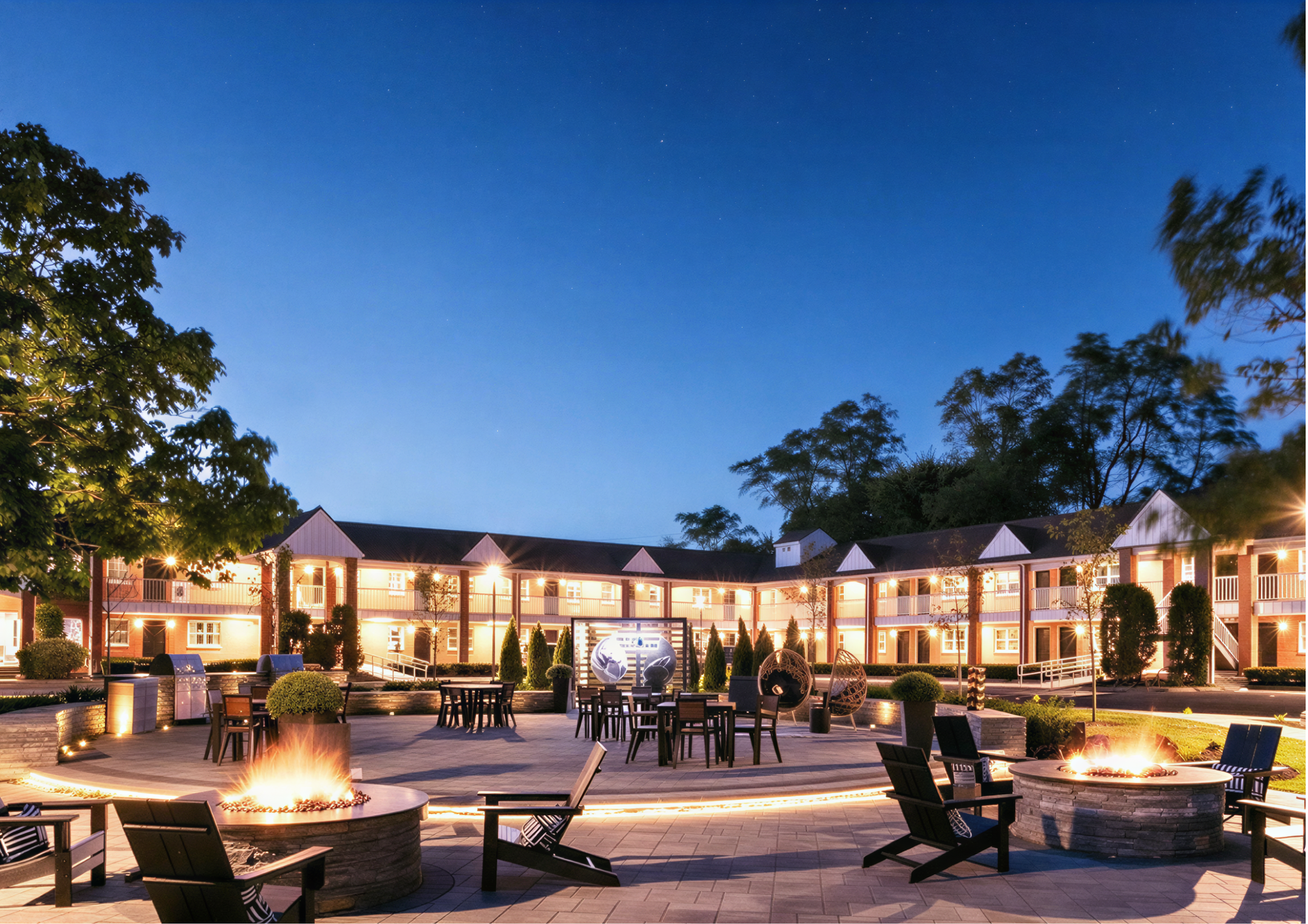 Courtyard at dusk with fire pits, lounge chairs, and a lit hotel building under a blue sky