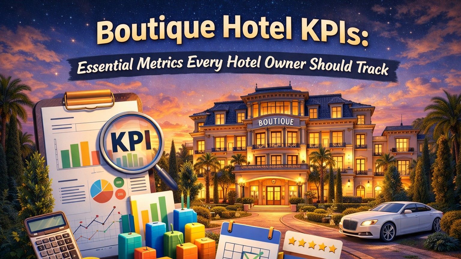 Boutique hotel graphic: buildings at night, graphs, KPI metrics, calculator, car, and palm trees.