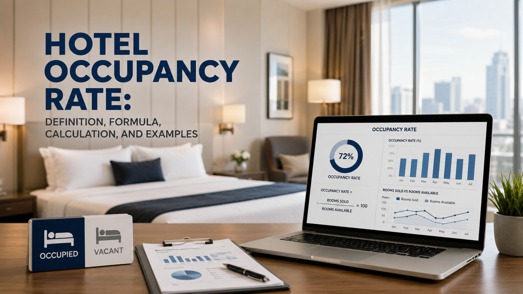 Hotel room with laptop displaying occupancy dashboard, printed report, and bold “HOTEL OCCUPANCY RATE” text