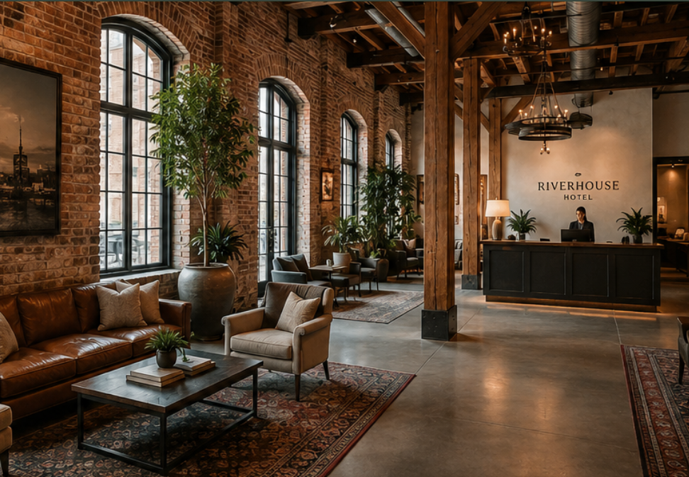 Historic adaptive-reuse boutique hotel with exposed brick walls, large industrial windows, timber beams, high ceilings, and a contemporary hotel lobby.
