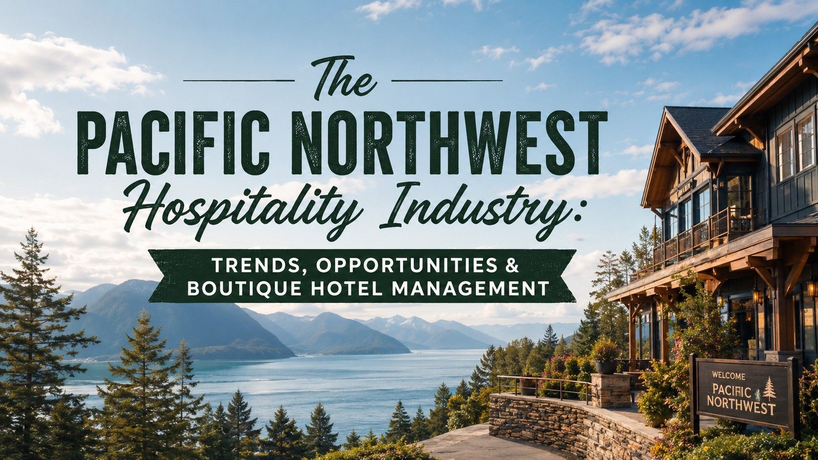 Mountain lodge landscape with text: “The Pacific Northwest Hospitality Industry” and “Trends, Opportunities & Boutique Hotel Management”