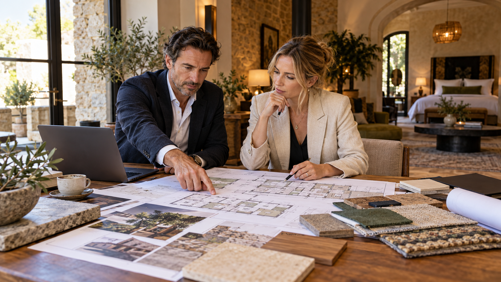 Two people reviewing architectural plans at a table with fabric swatches in a bright room