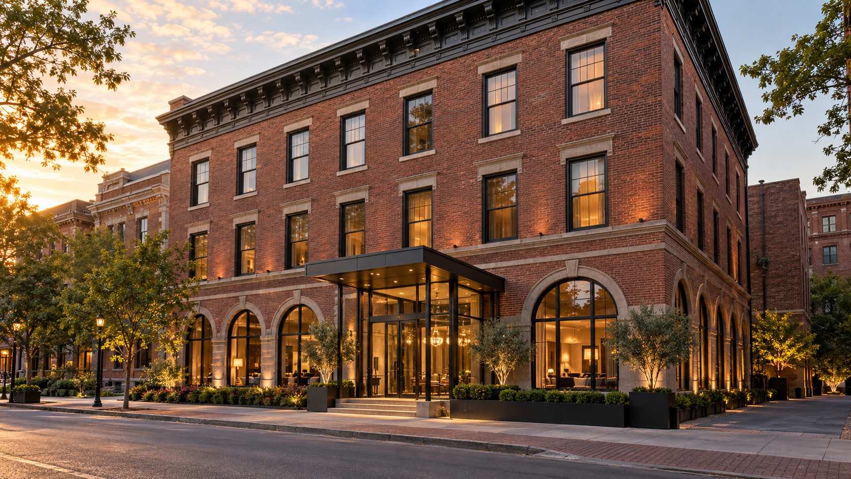 Historic red-brick building with arched windows and a glass entrance at sunset, street and trees in front