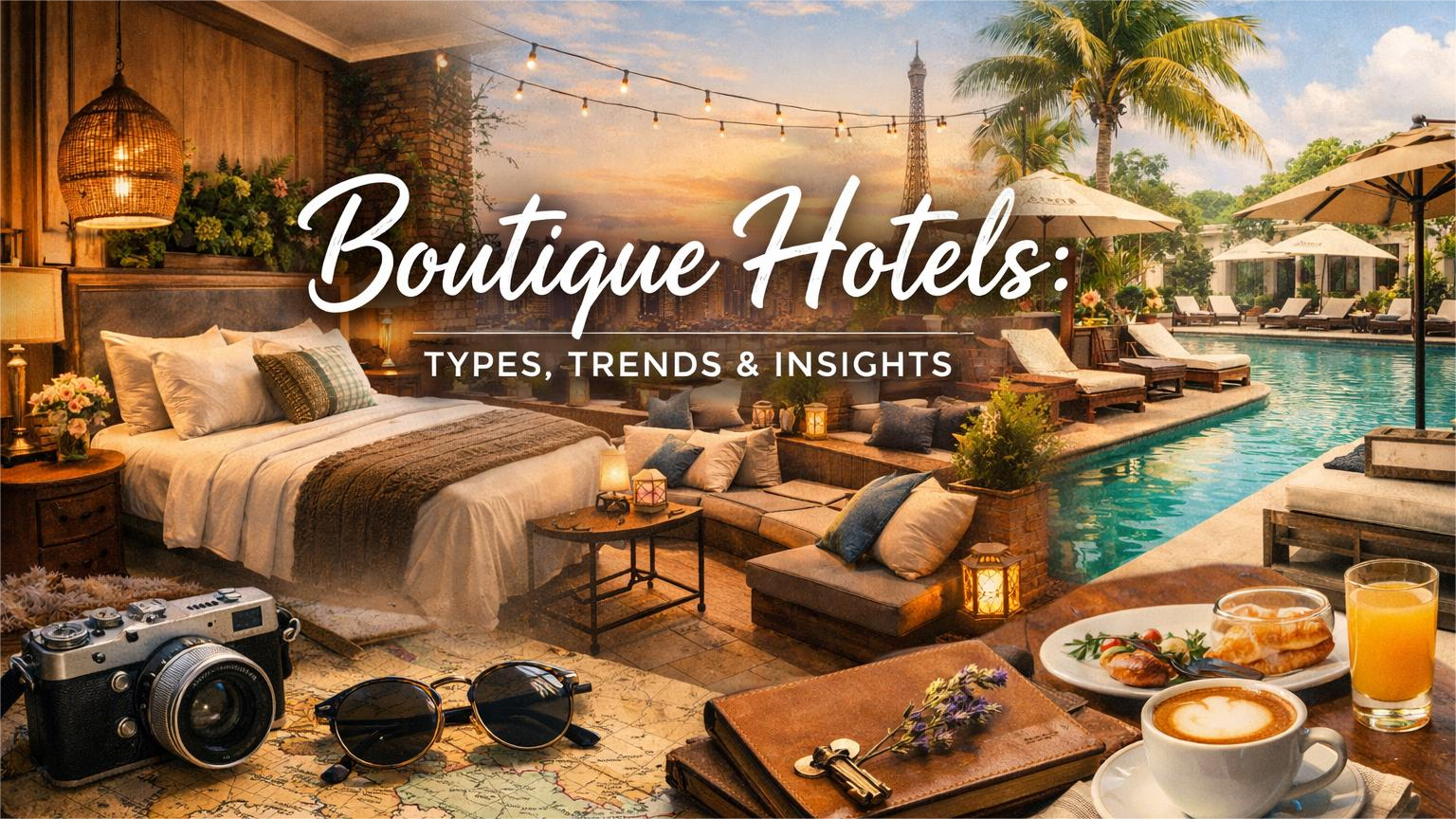 Luxurious outdoor scene showcasing a bedroom, seating area, pool, and breakfast with 