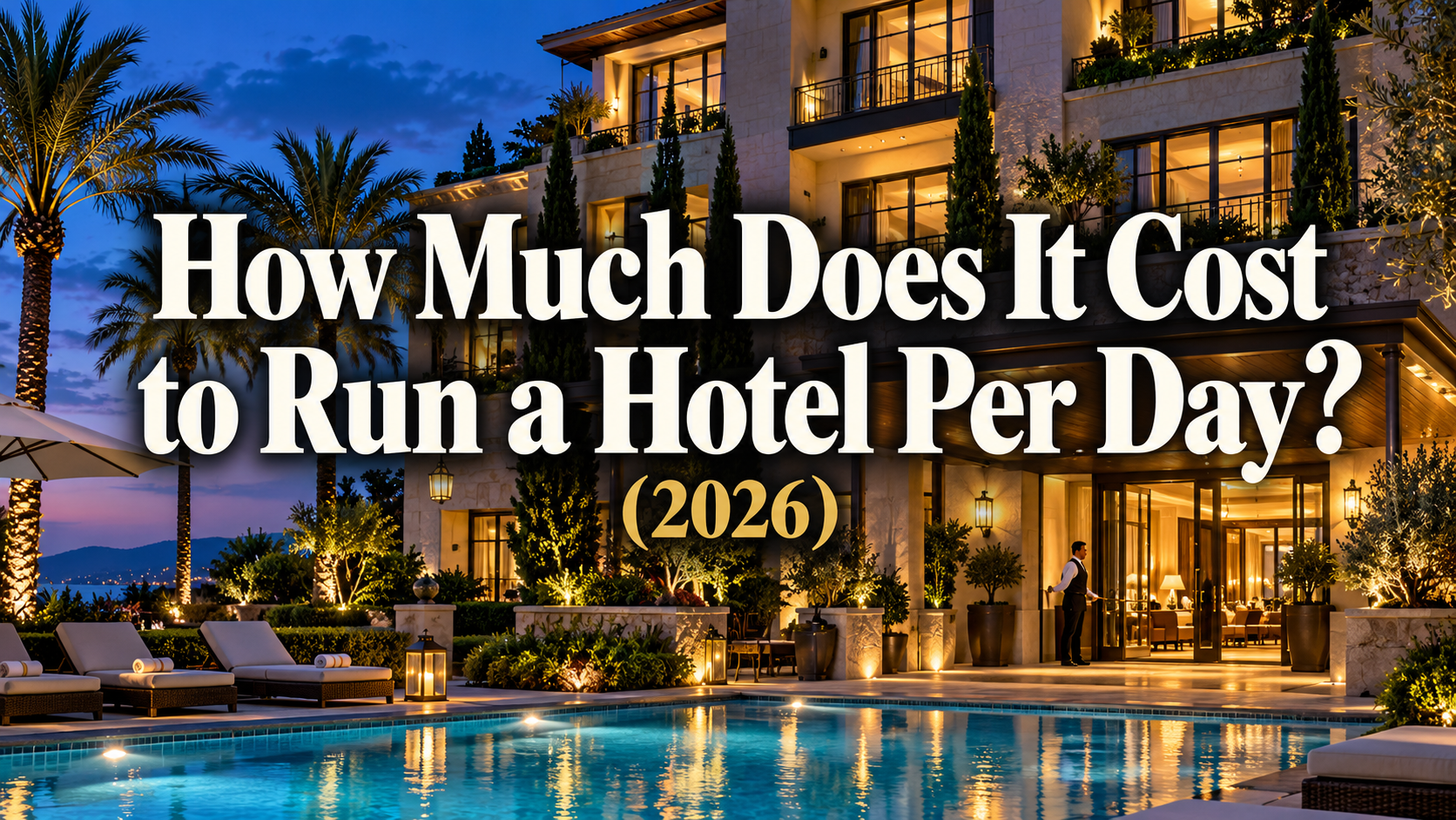 Hotel at dusk with pool and palm trees, overlaid text: “How Much Does It Cost to Run a Hotel Per Day? (2026)”