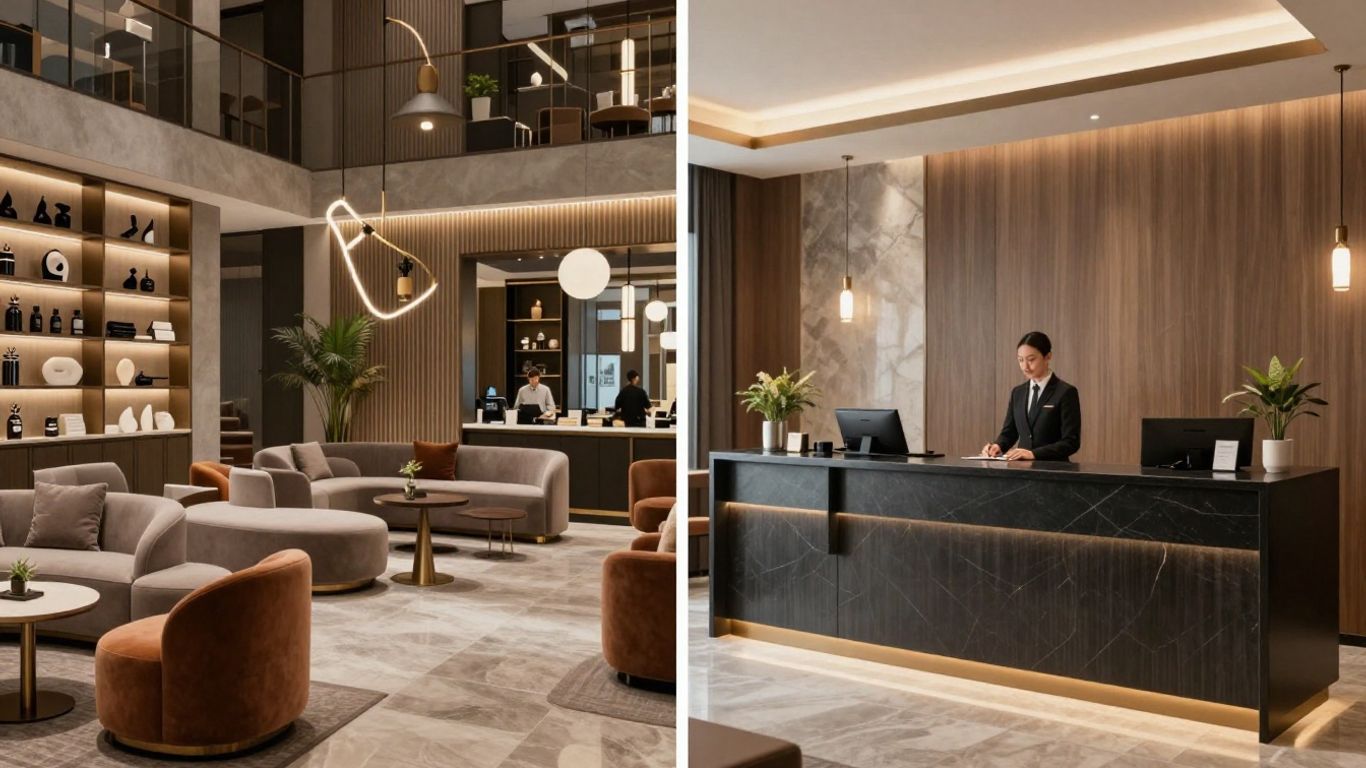 Elegant hotel lobby with lounge seating on the left and a front desk reception area on the right.