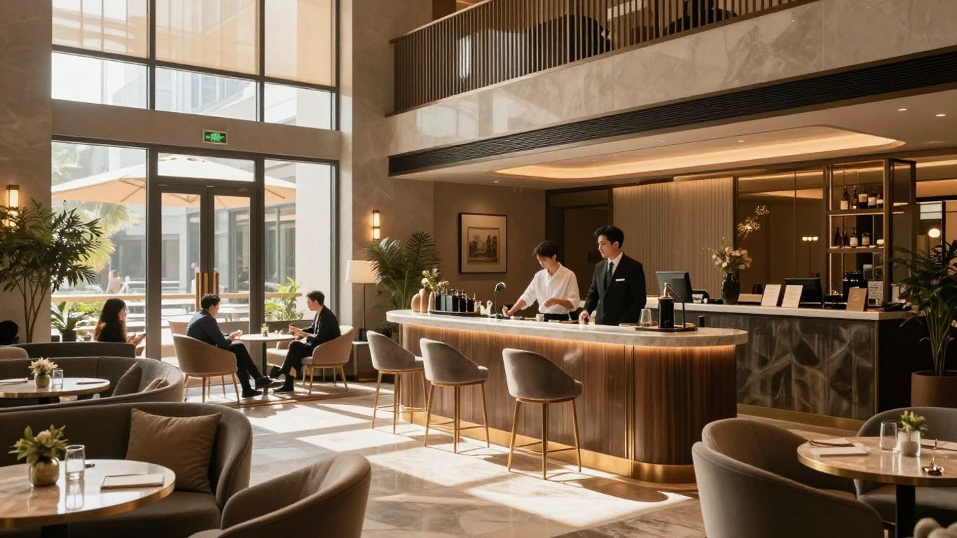 Bright hotel lobby lounge with people seated, a wooden bar, and warm sunlight through tall windows