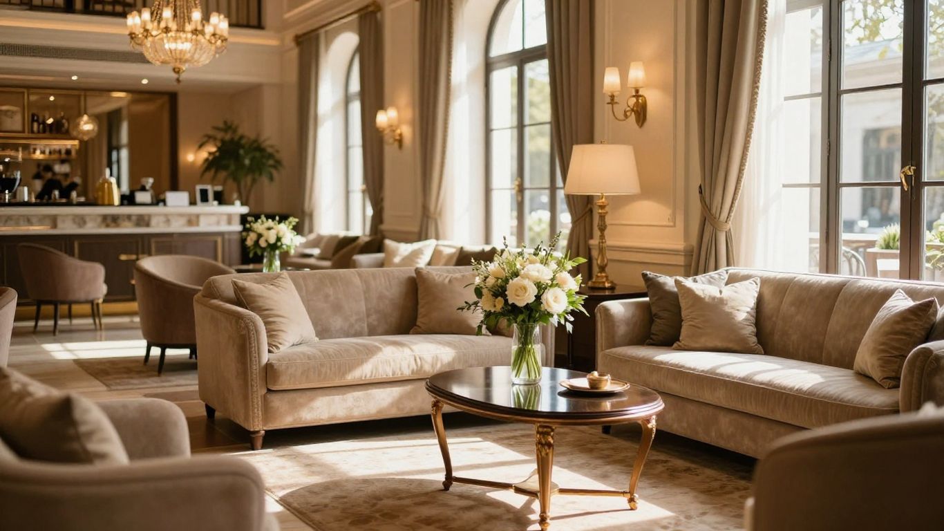 Elegant hotel lobby with beige sofas, glass coffee table, chandelier, and tall windows with drapes