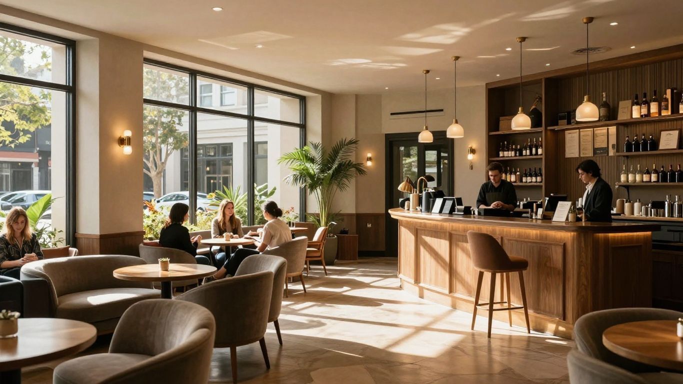 Bright modern café with leather chairs, wooden tables, large windows, and a barista counter in warm sunlight
