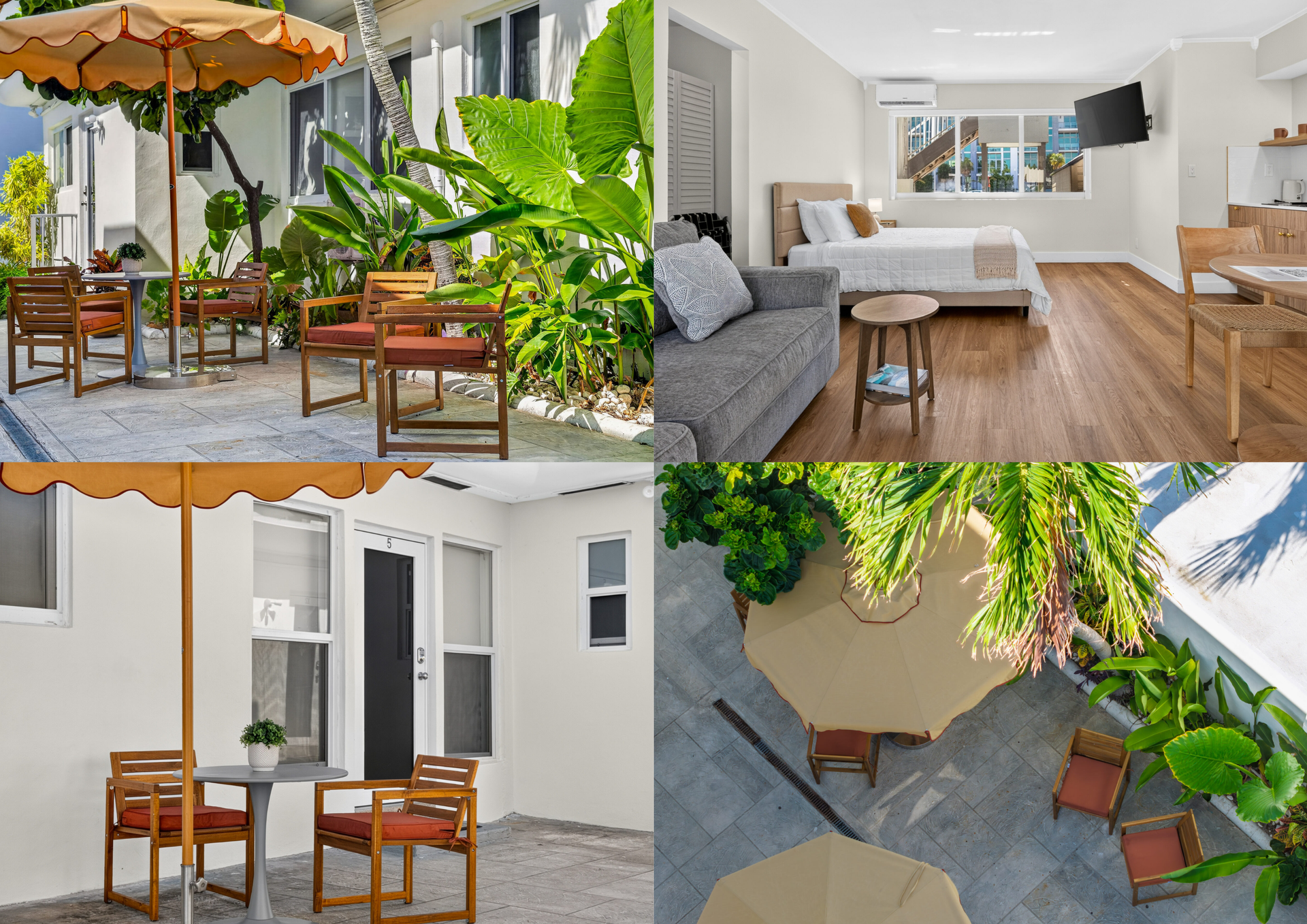 Collage of a patio and bright modern living room with white walls, wood floors, and lush green plants