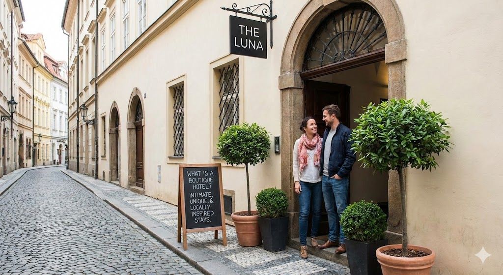 Couple standing in doorway of a cafe on a cobblestone street.
