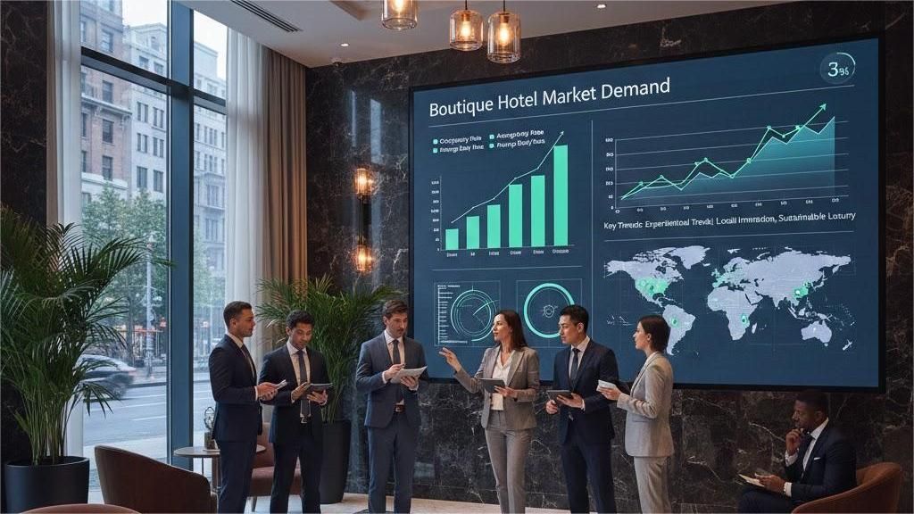 Businesspeople in suits gather, analyzing charts on a large screen in a modern office space.