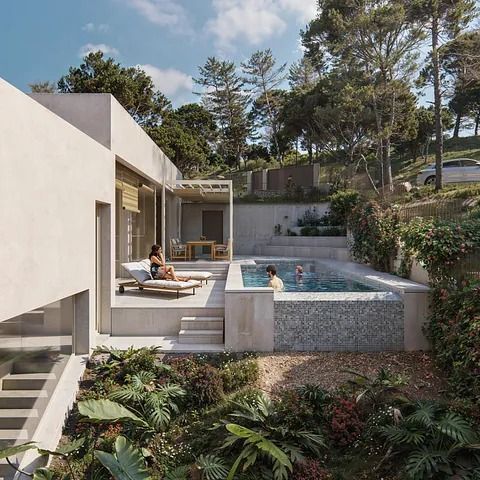 Impresión artística de una casa con piscina en el patio trasero.
