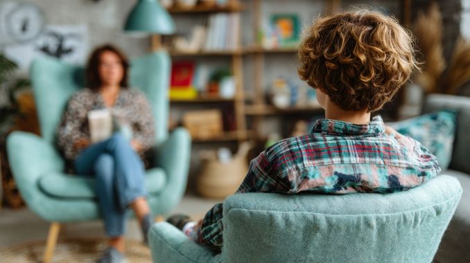 Deux personnes dans un salon confortable, l'une assise dans un fauteuil turquoise face à l'autre en arrière-plan.
