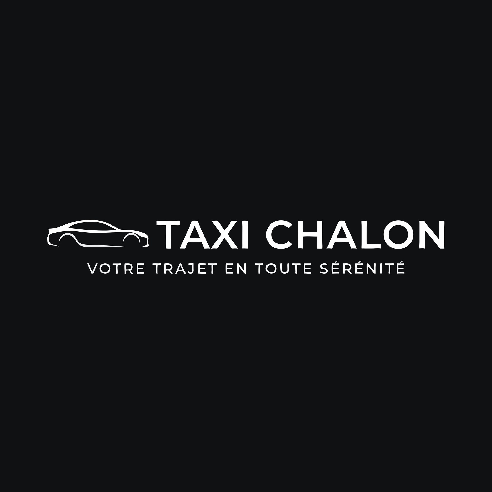 logo noir avec une voiture en lineartt “TAXI CHALON” et “VOTRE TRAJET EN TOUTE SÉRÉNITÉ”