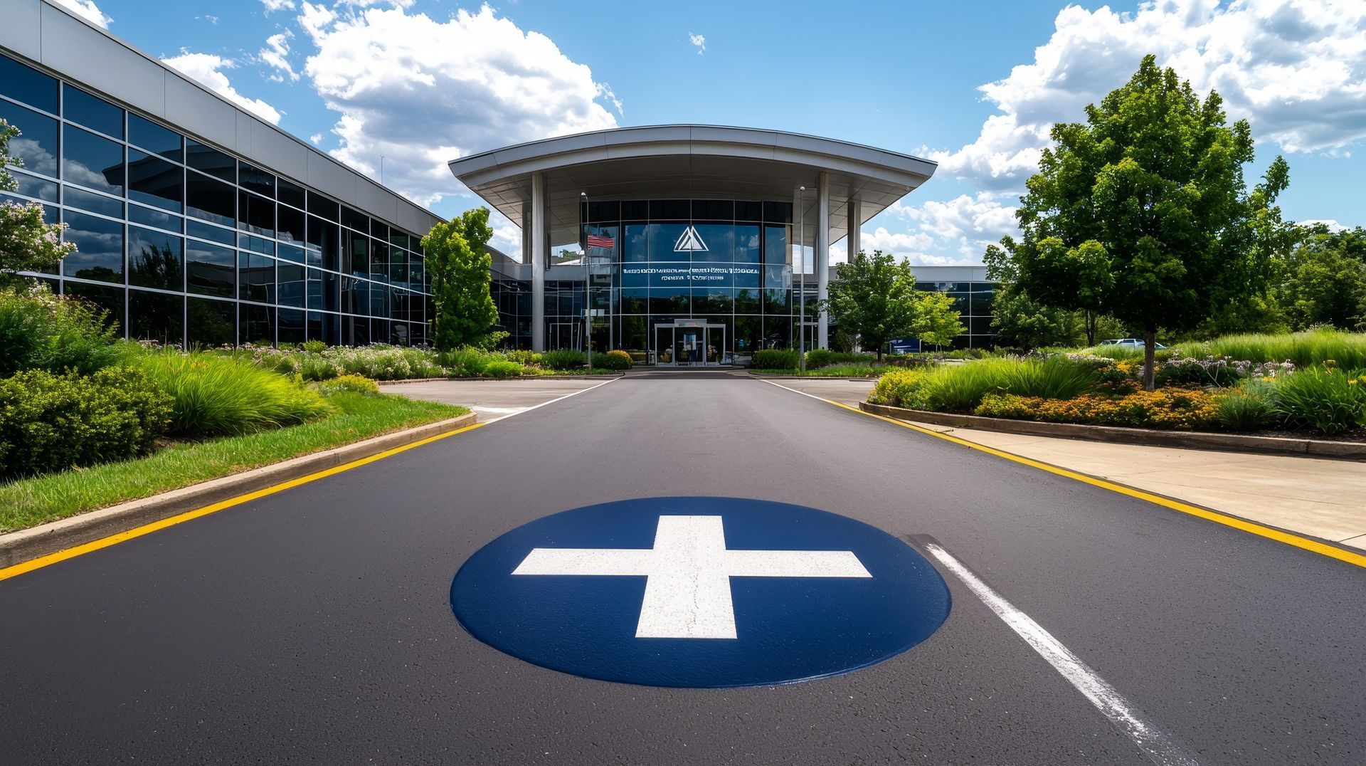 Entrée de l'hôpital signalée par une croix bleue sur la route, entourée de bâtiments vitrés et de verdure.