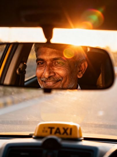Un chauffeur de taxi sourit dans son rétroviseur au coucher du soleil, avec un panneau jaune de taxi au premier plan.