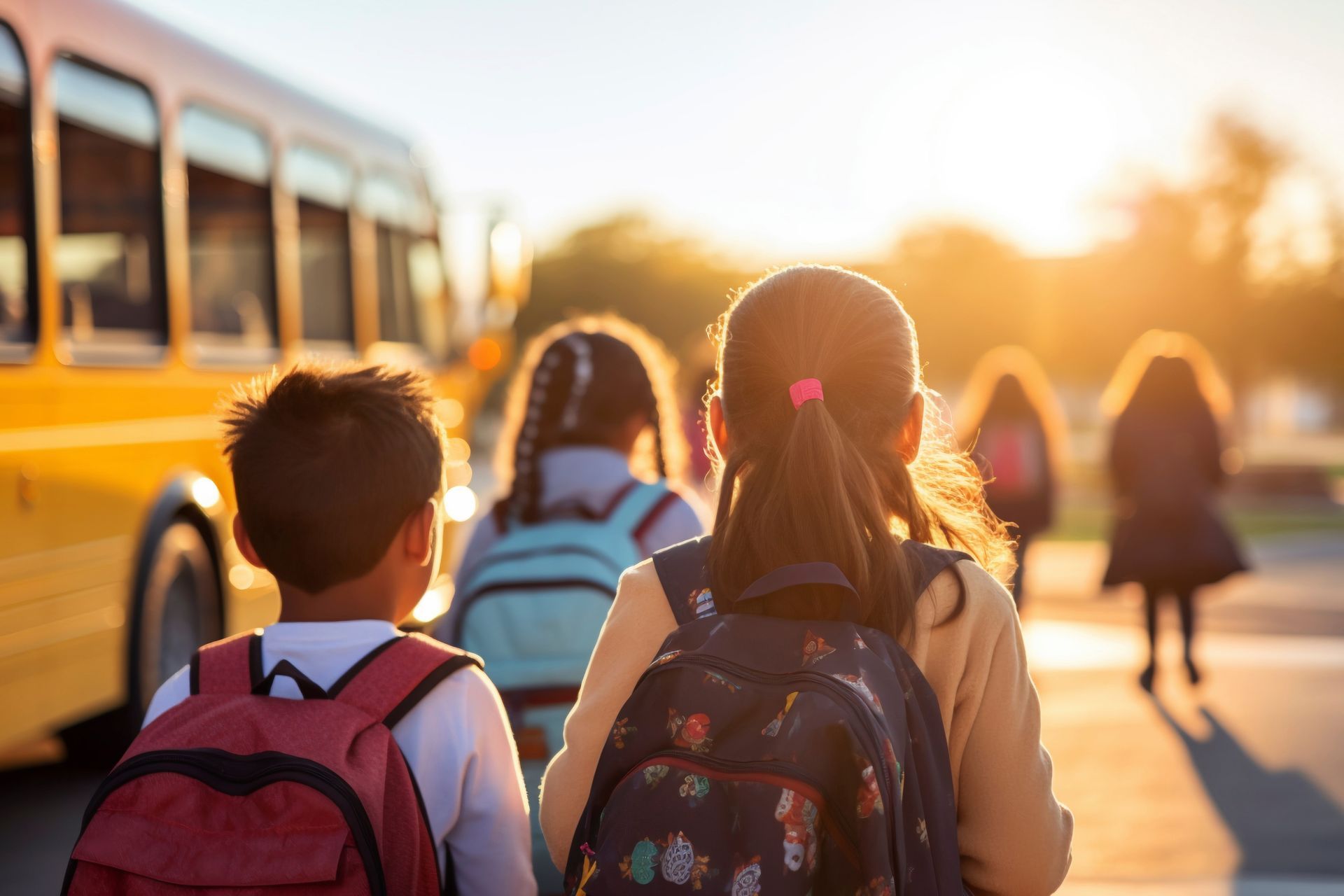 Des enfants avec des sacs à dos se dirigent vers un bus scolaire au lever du soleil