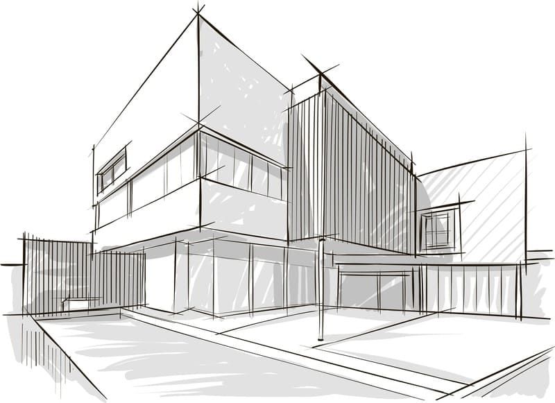 Eine Schwarzweißzeichnung eines modernen Gebäudes | Ingenieurbüro B. Eng. D. Blattner