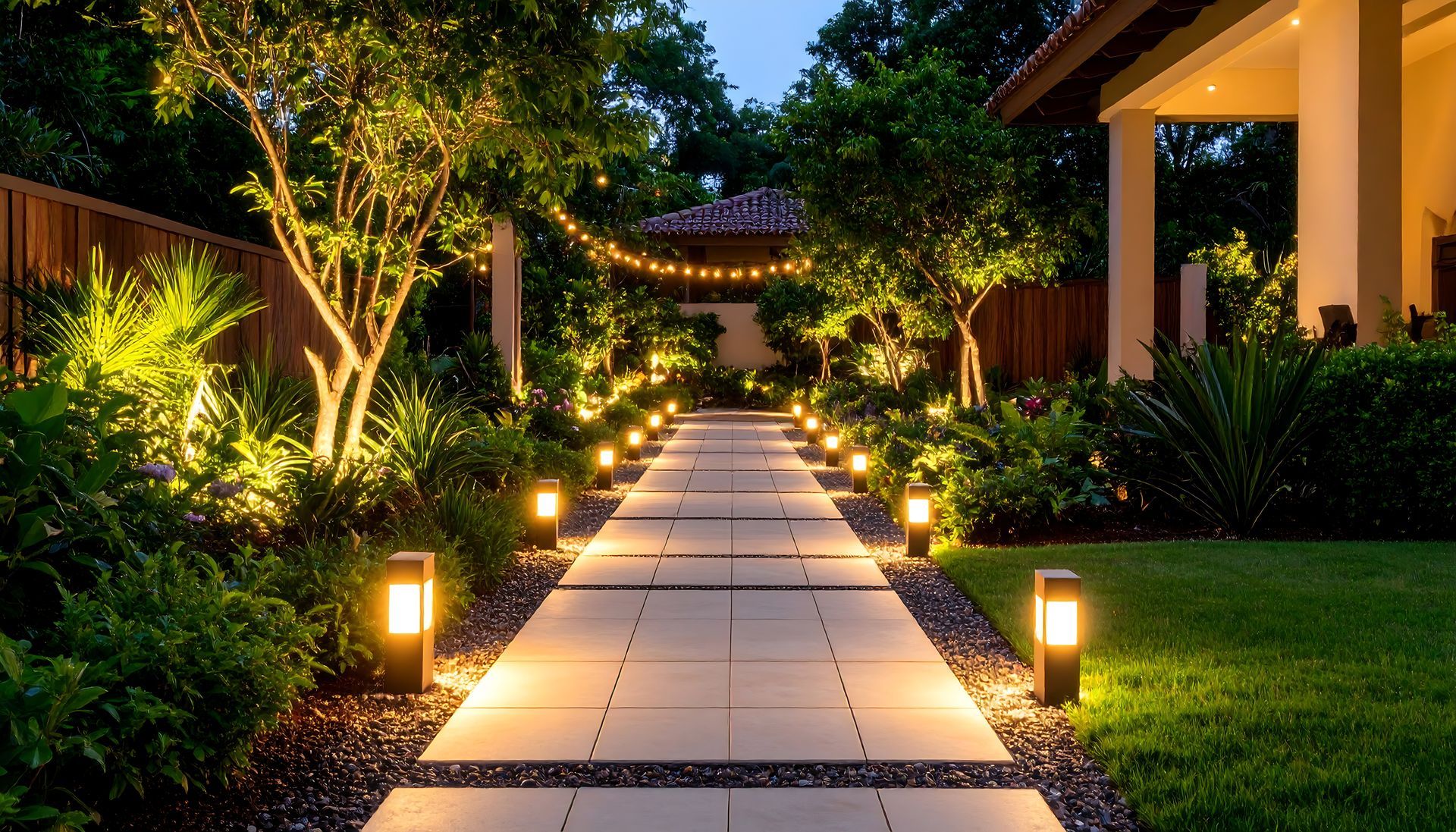Des lumières sur le bord d'une allée.