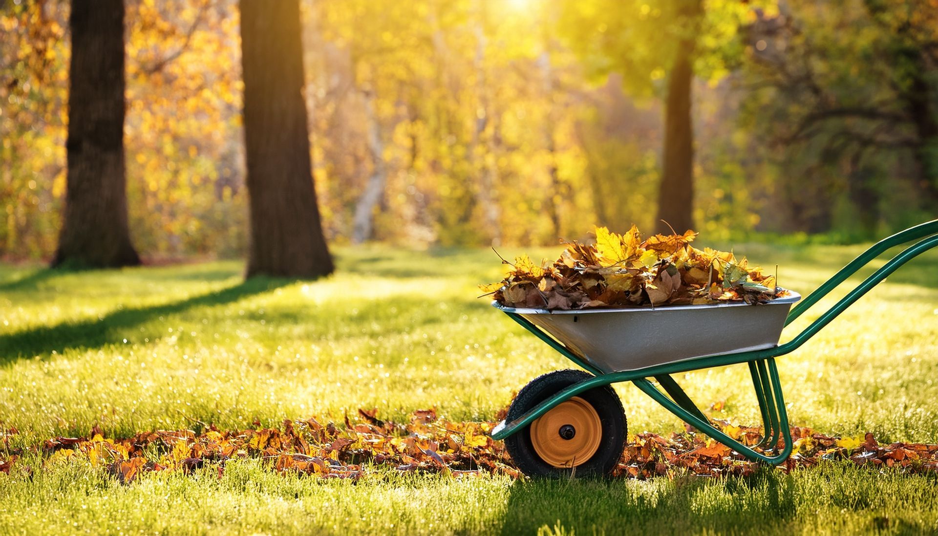 Une brouette rempli de feuilles mortes.