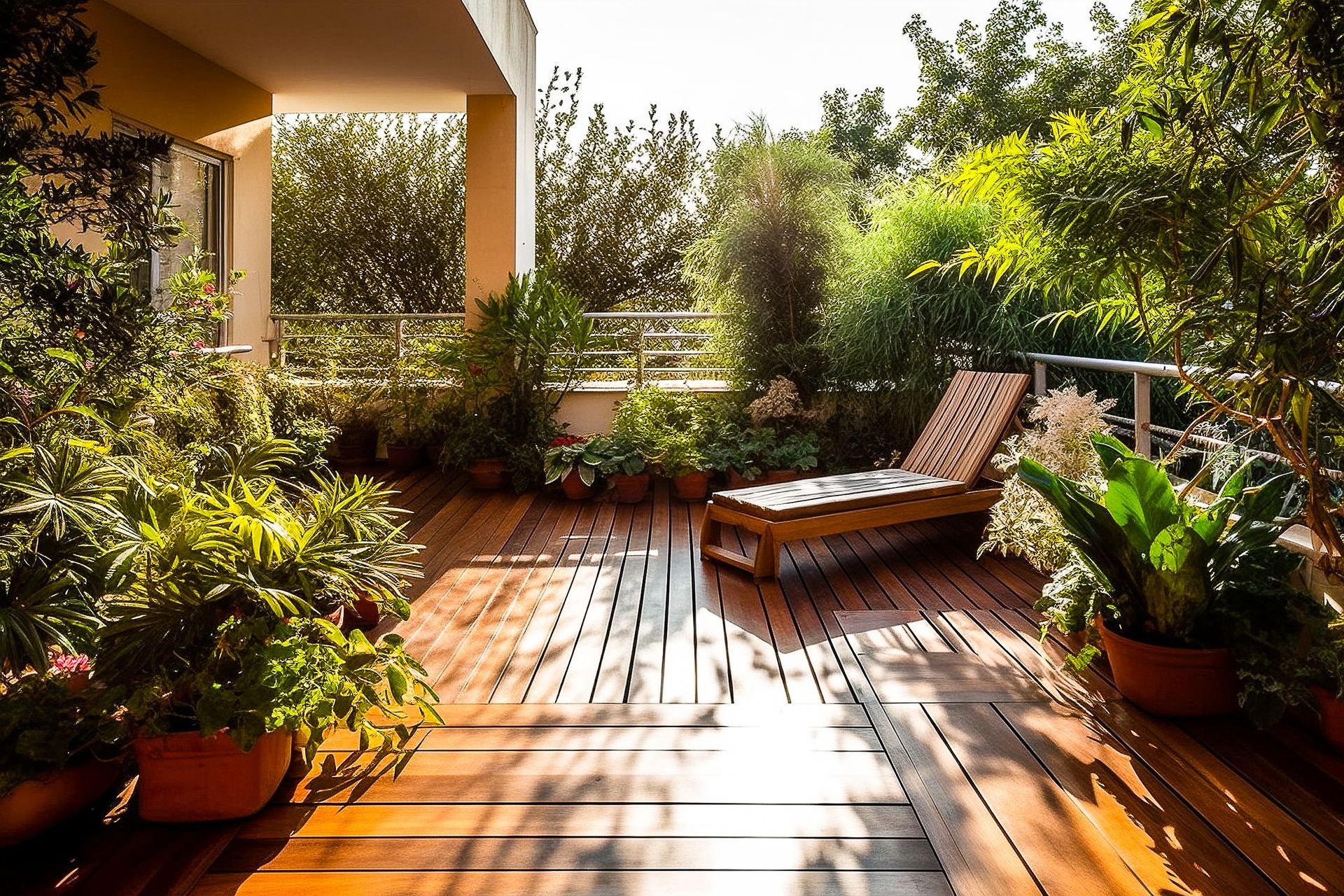 Une chaise longue en bois sur une terrasse.