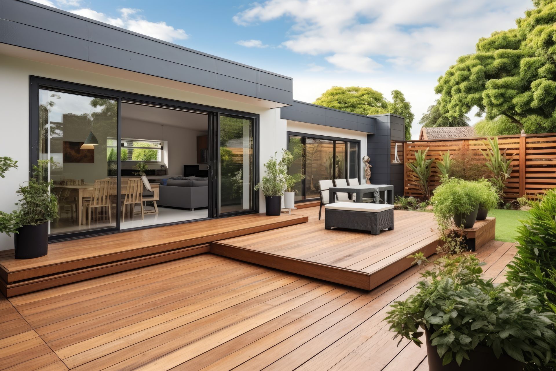 Une terrasse en bois sur plusieurs niveaux.